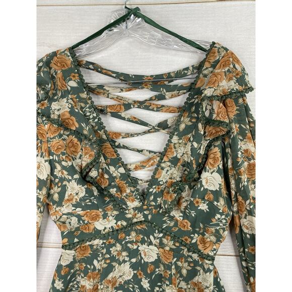 Saints + Secrets Dress M Green Floral Deep V Mini Long Slv Open Lace Up Ruffle - Picture 2 of 11